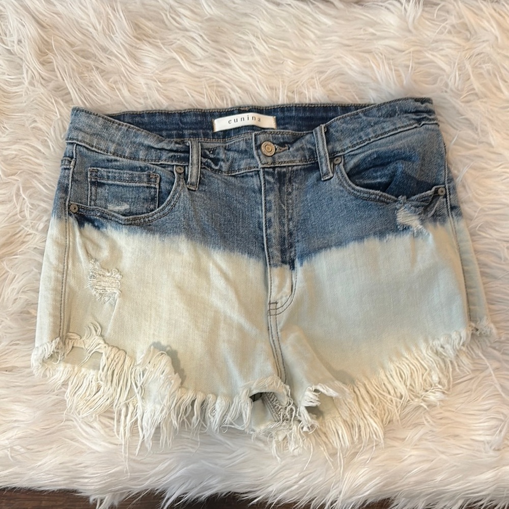 Eunina Blue and Cream Jean Shorts with Frayed Hem